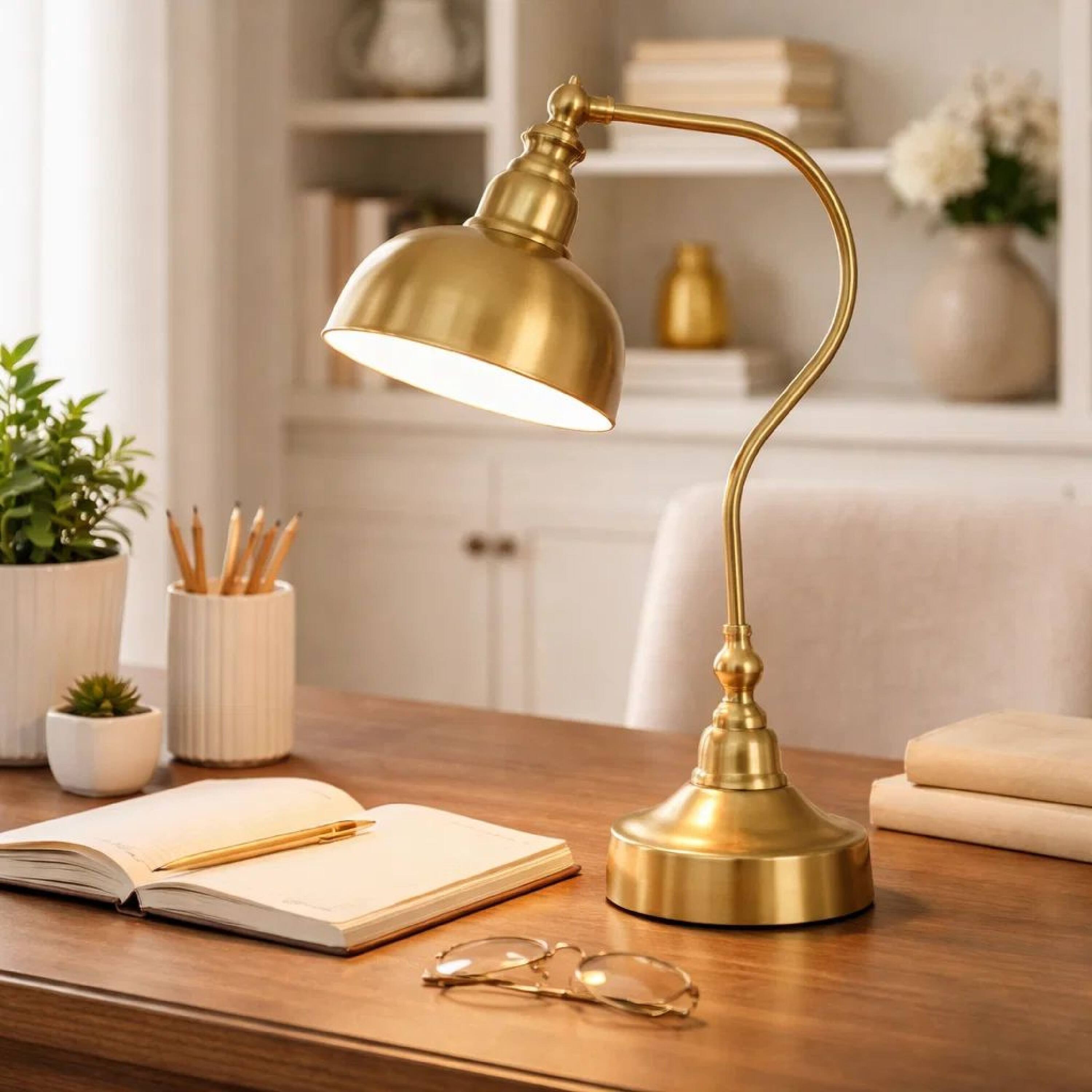 Alt View 3. Manhattan Lane - 25 Inch Metal Curved Desk Lamp, Adjustable Dome Shade - Brass.