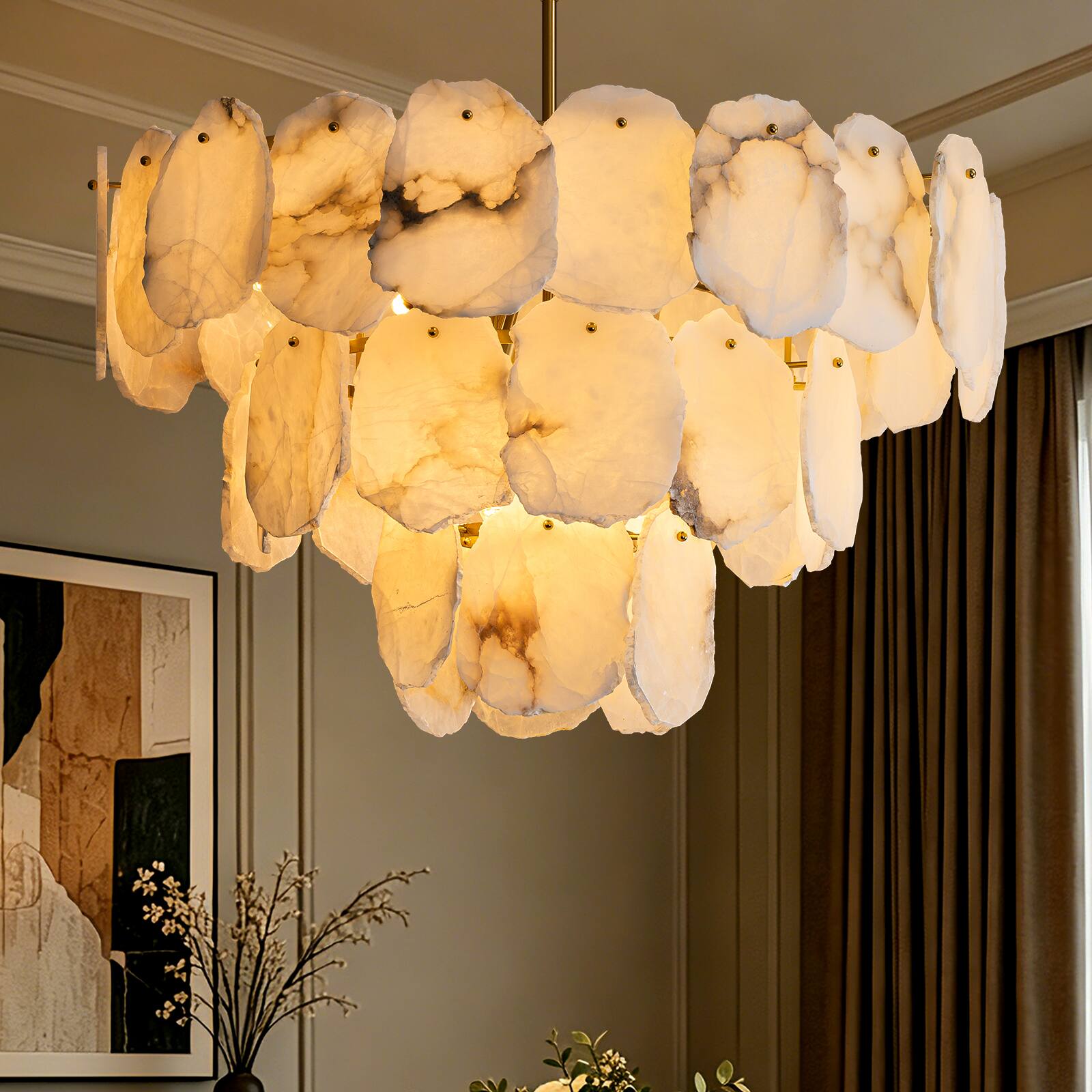 Angle. Siljoy - 32 In Modern Empire 16 Light Three Tier Alabaster Chandelier Brass Gold Adjustable Chain Foyer Kitchen Island - Gold Brass.