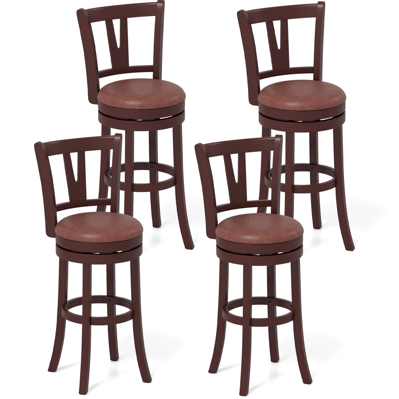Gymax - 30'' Bar Height Swivel Barstools Set of 4 High Backs & Footrests Solid Wood - Brown