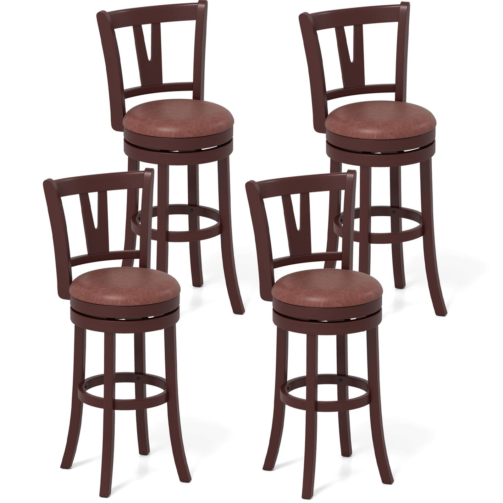 Front. Gymax - Gymax 30'' Bar Height Swivel Barstools Set of 4 High Backs & Footrests Solid Wood - Brown.