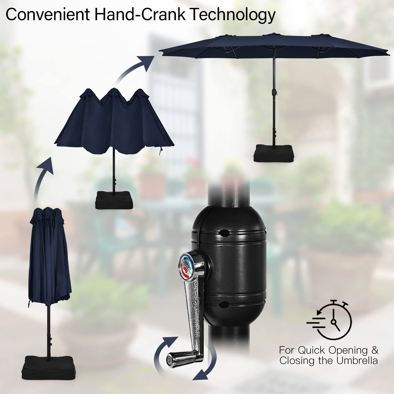 Convenient Hand-Crank Technology
For Quick Opening & Closing the Umbrella