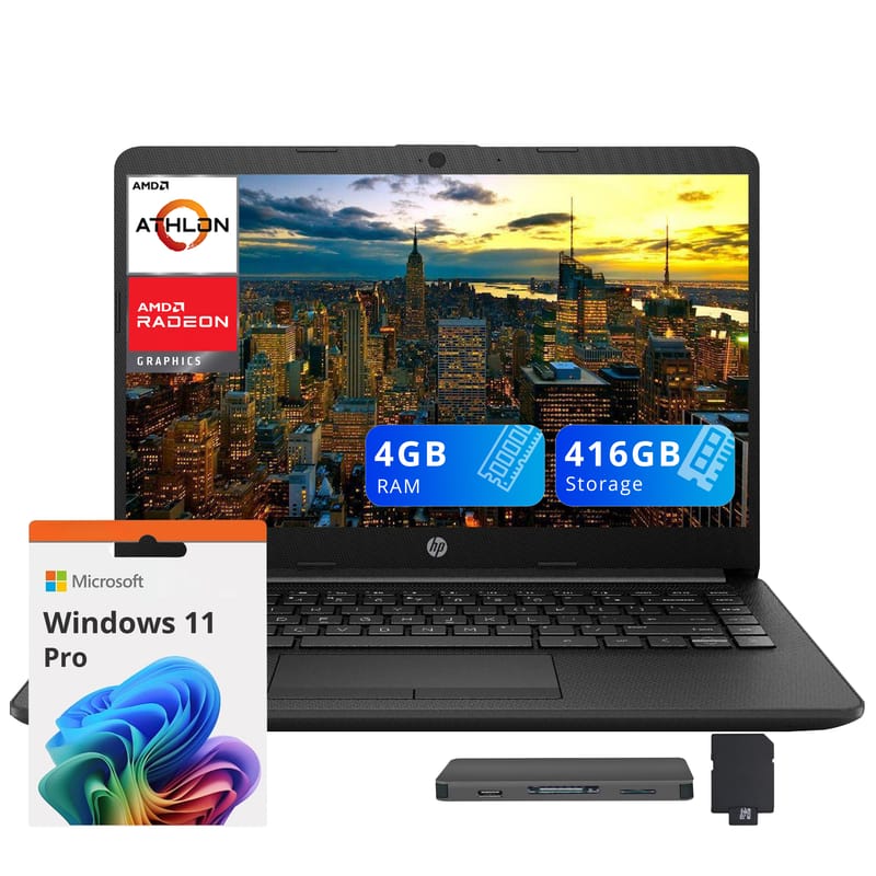 HP - Pavilion 14" HD Laptop,AMD Athlon Silver 3050U,4GB RAM,256GB SSD+160GB Dock Set,AMD Radeon Graphics,Win 11 Pro - Black