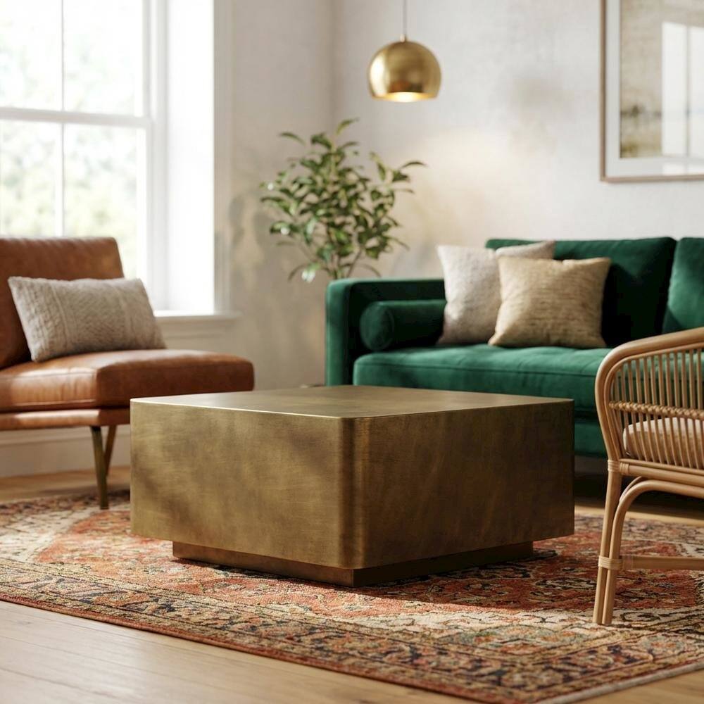 Angle. FurniFact - Premium Metal Coffee Table in Brass Finish with Modern Design - Brown.