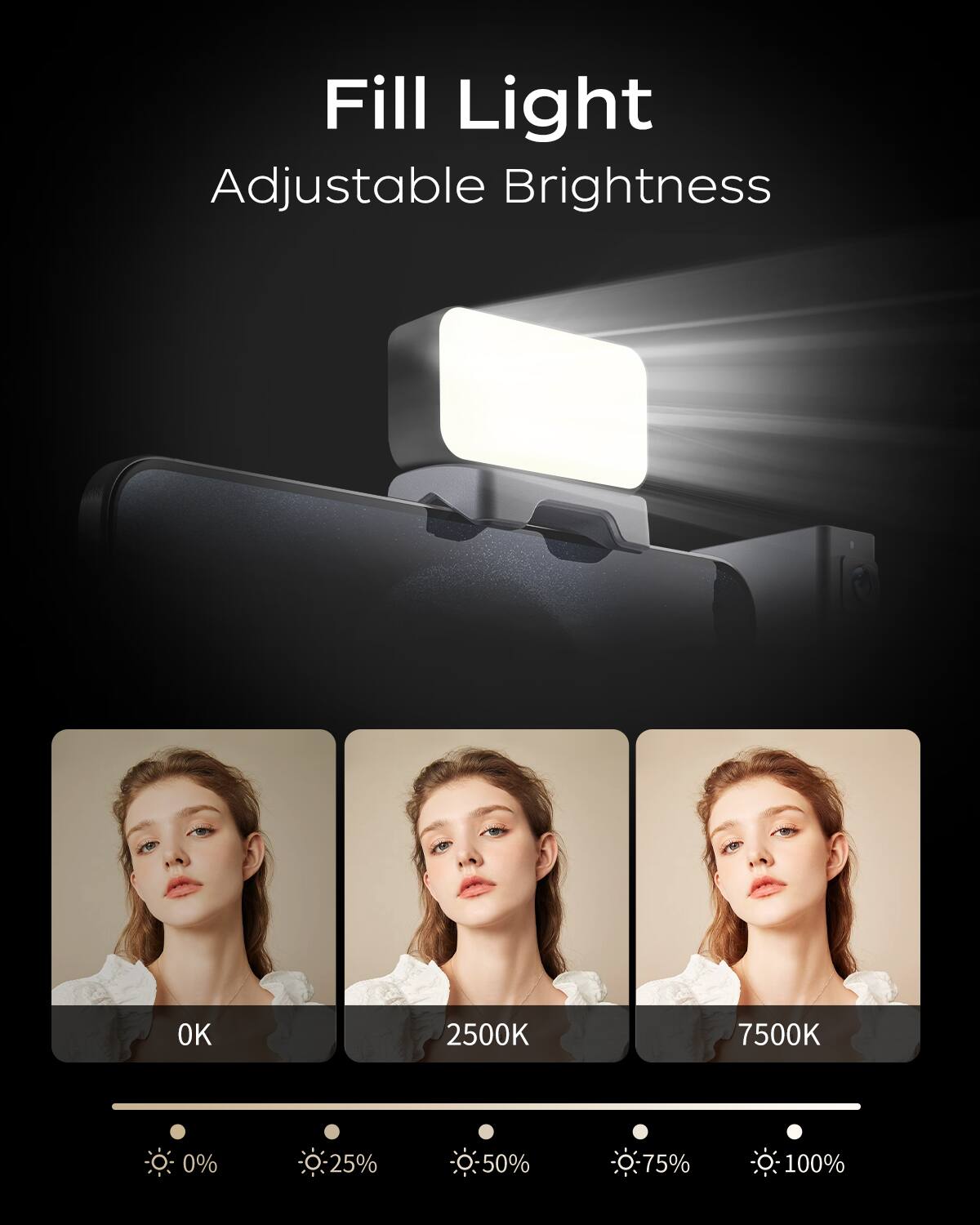 Fill Light  
Adjustable Brightness  

OK 2500K 7500K  

0% 25% 50% 75% 100%