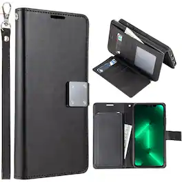 Entronix - Galaxy S23 Ultra Case - Stylish Foldable Leather Wallet with Card Holder and Lanyard - Black