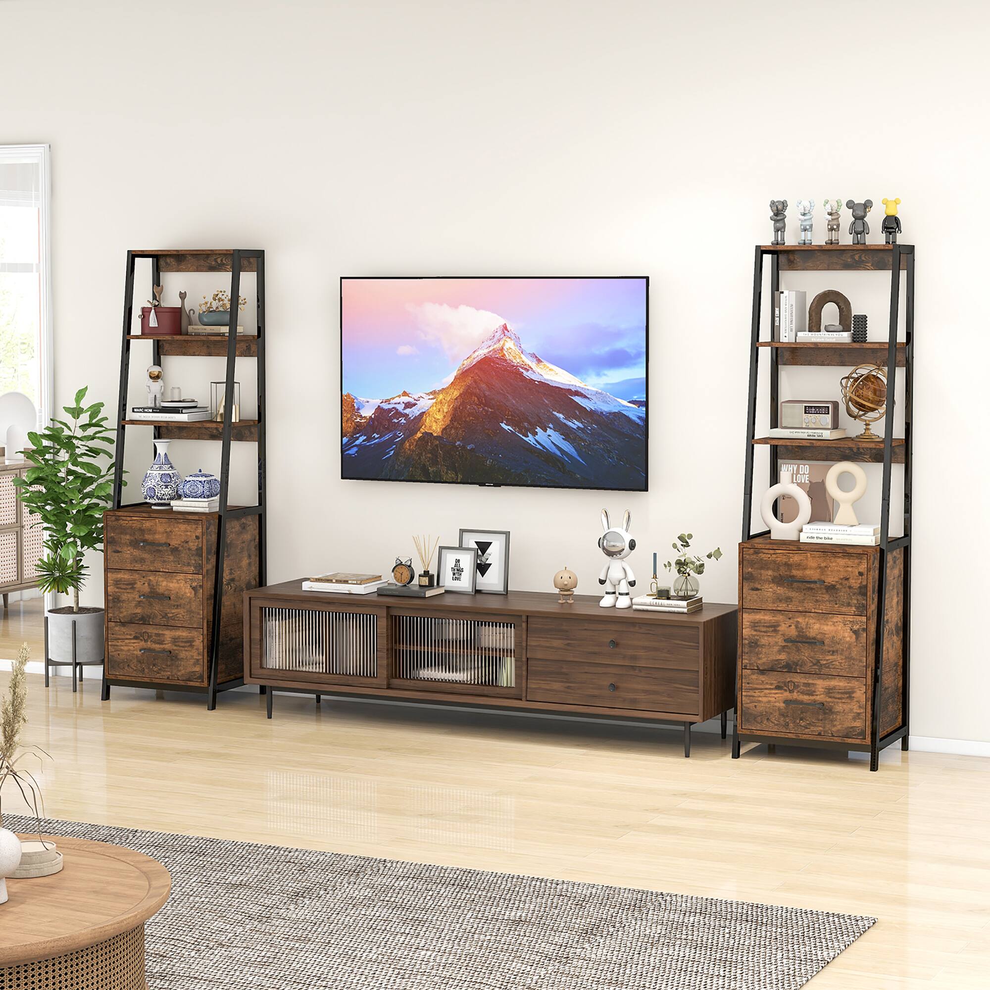 Alt View 8. Gymax - Gymax Ladder Bookshelf Tall Bookcase w/ 3 Open Shelves Printer Stand 3 Storage Drawers Brown - Rustic Brown.