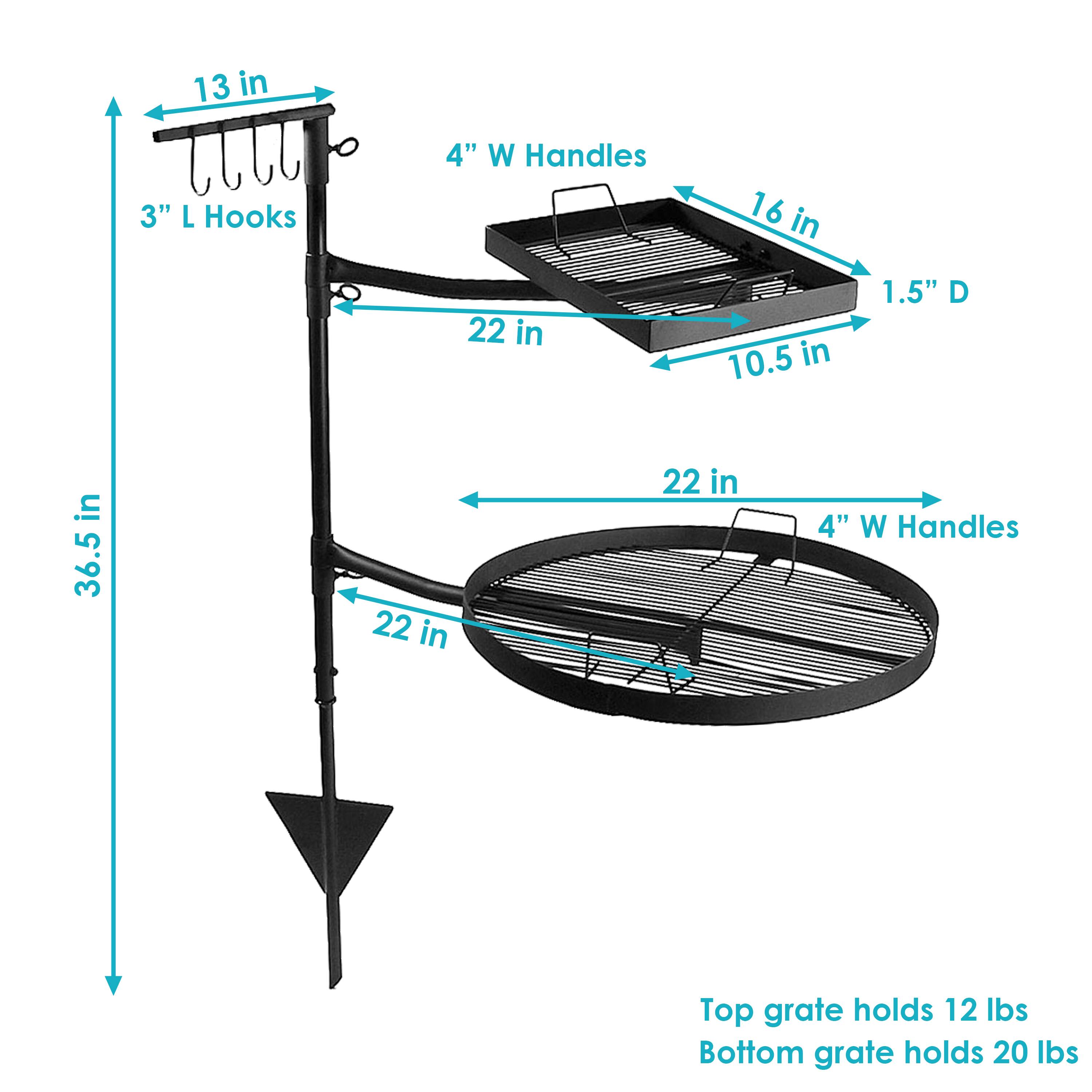 - 13 in
- 3" L Hooks
- 22 in
- 36.5 in
- 4" W Handles
- 16 in
- 10.5 in
- 1.5" D
- 22 in
- 4" W Handles
- Top grate holds 12 lbs
- Bottom grate holds 20 lbs