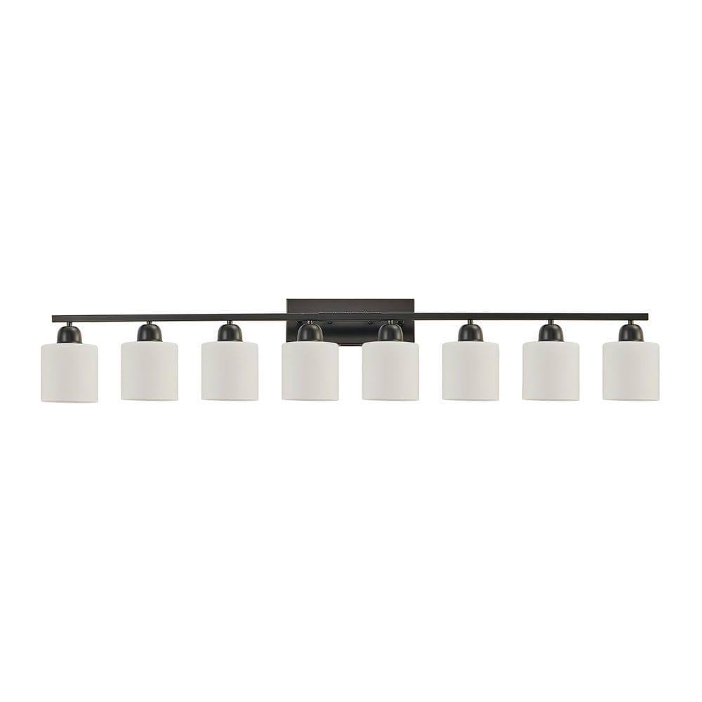 Left. Kadyn - 8-Light Bathroom Light Fixtures, 52inch Modern Matte Black Vanity Lights with White Frosted Glass Shade, Black - Black.