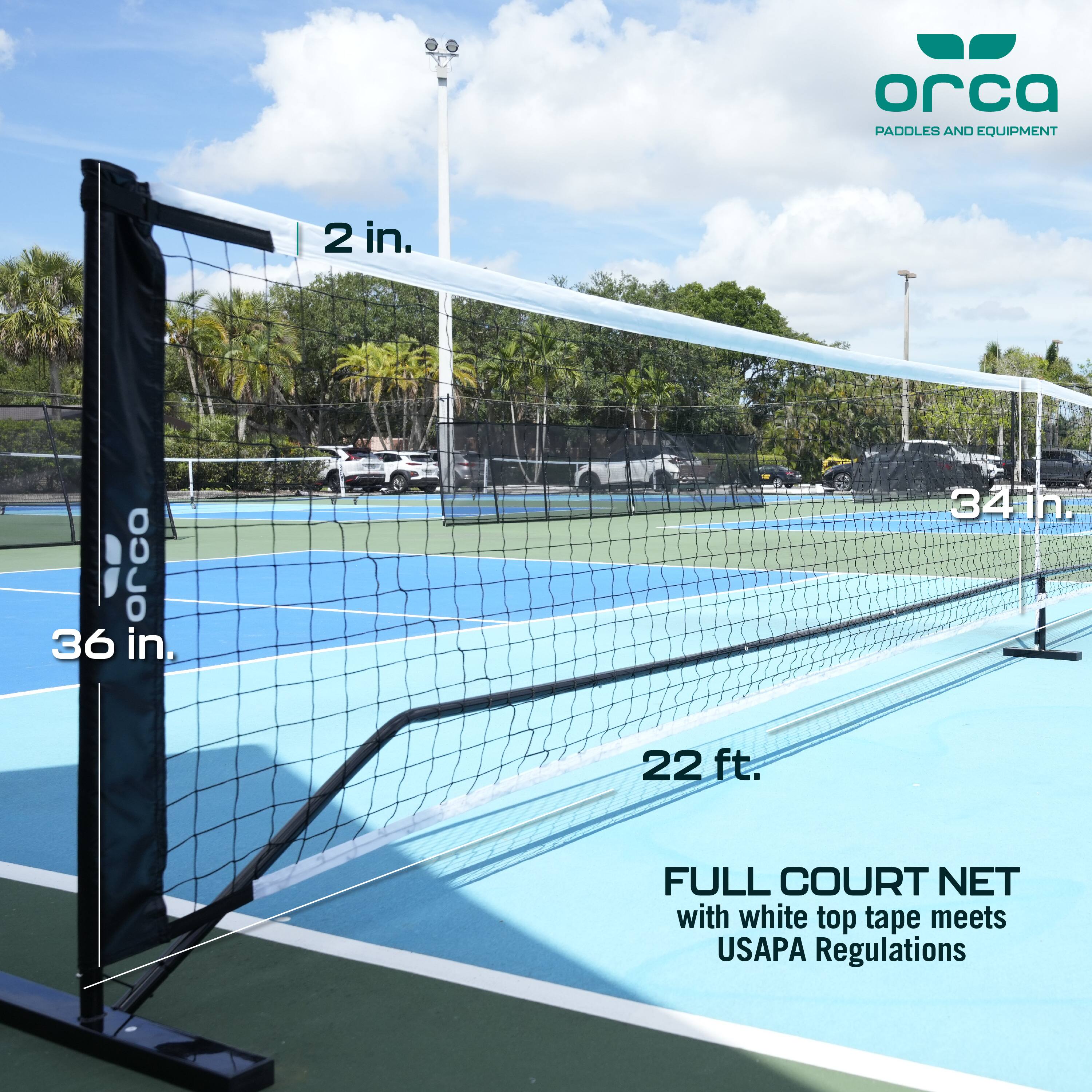 Orca Paddles and Equipment 2 in. 0 36 in. 34 in. 22 ft. Full Court Net with white top tape meets USAPA Regulations.