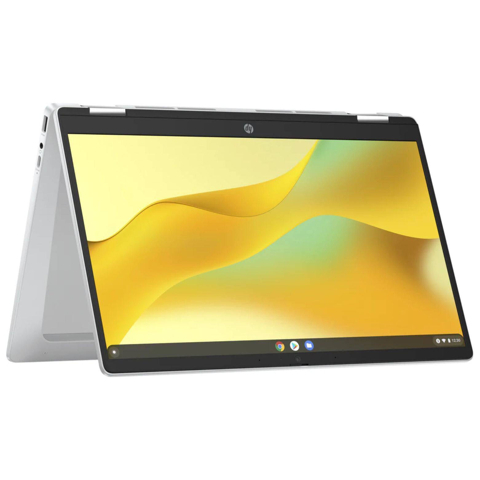 Alt View 3. HP - Chromebook x360 14b-cd0601ds 14" FHD Touch Intel N100 1.80 GHz up to 3.4 GHz 4 GB 128 GB UFS Intel UHD Graphics ChromeOS - Silver.