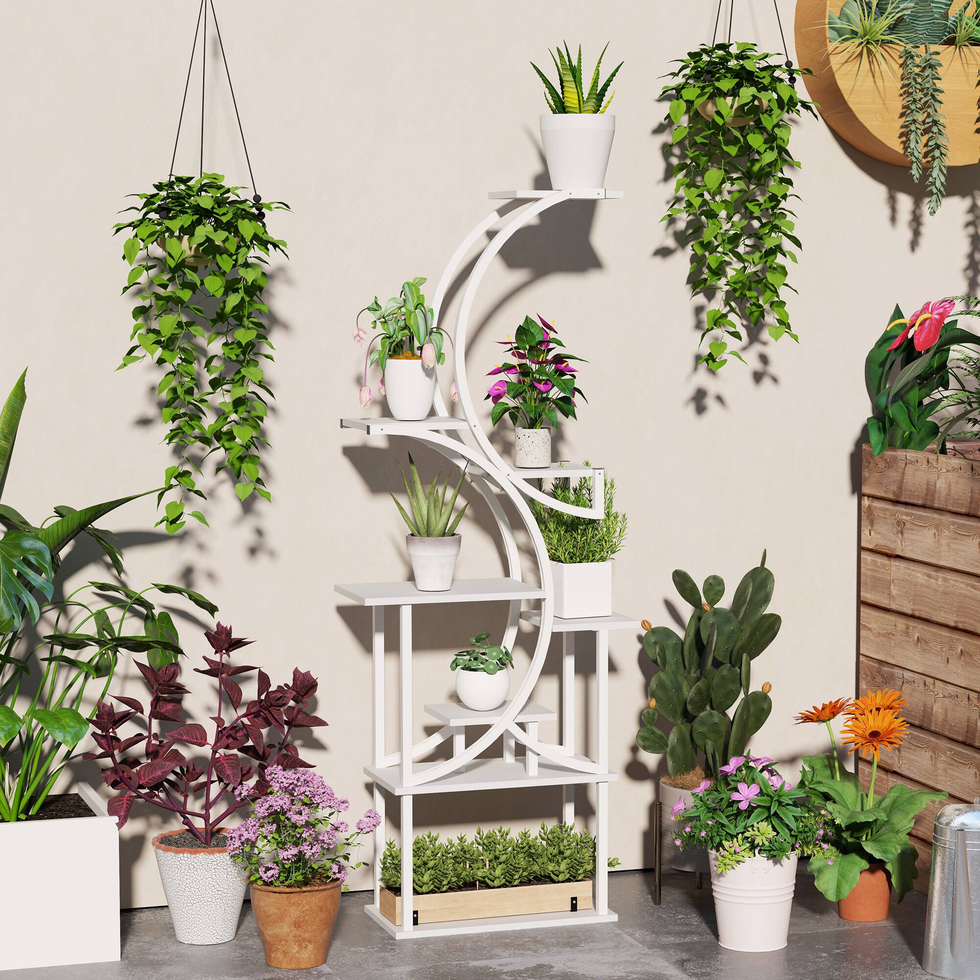 Alt View 1. Outsunny - 8 Tier Plant Stand Indoor, 62" Tall Plant Shelf, S-Shaped Plant Rack for Multiple Plants, Corner Plant Flower Holder - White.