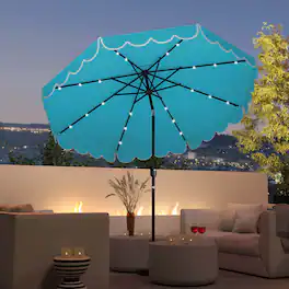 Costway - 9.3 FT Solar Patio Umbrella Outdoor Market Sunshade with 24 LED Lights Ruffles - Turquoise