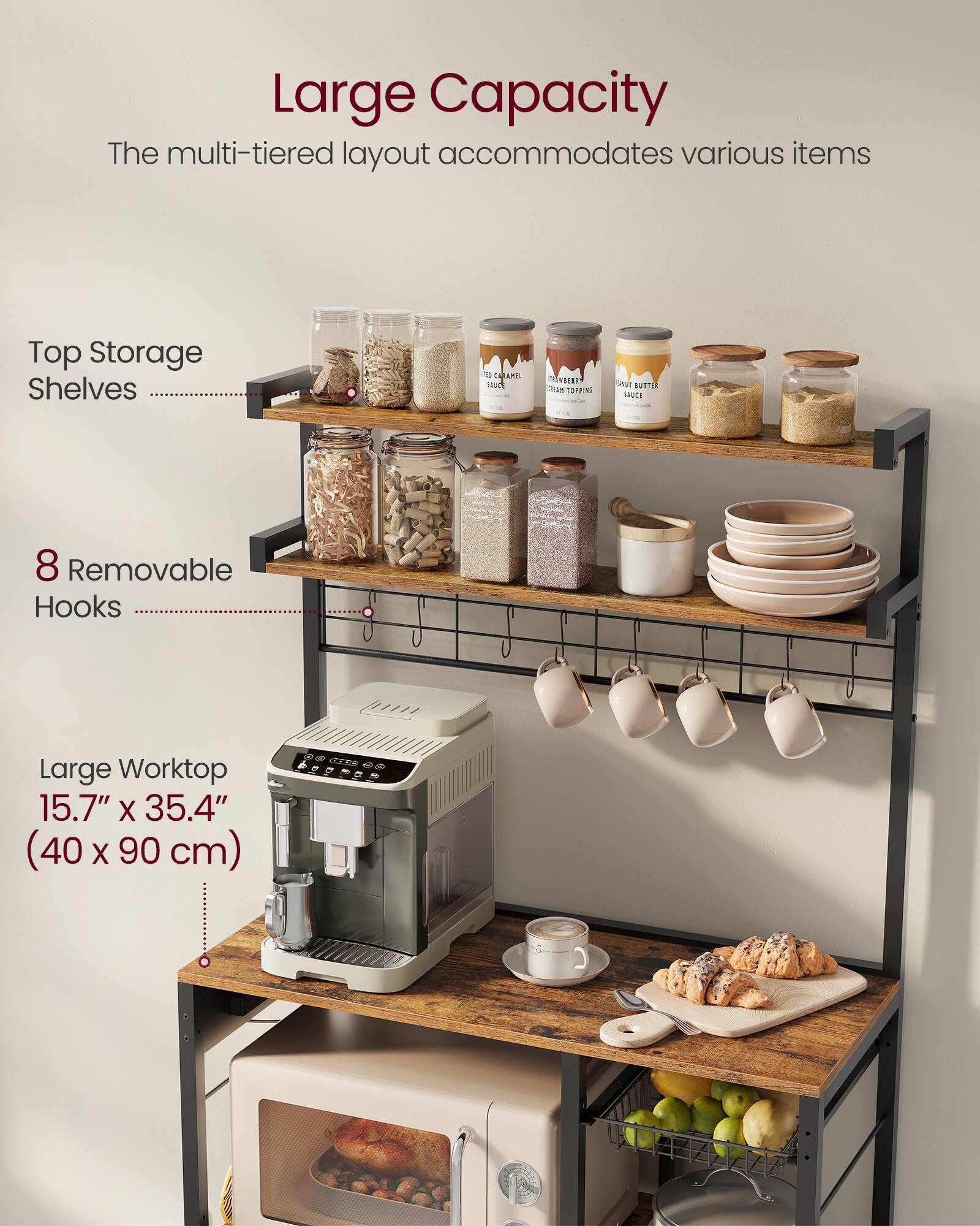 Large Capacity  
The multi-tiered layout accommodates various items  

Top Storage Shelves  

8 Removable Hooks  

Large Worktop  
15.7" x 35.4" (40 x 90 cm)