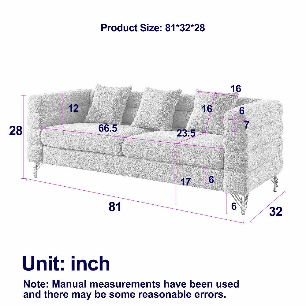Product Size: 81*32*28  
16 28 12 66.5 16 23.5 6 7 17 6 81 6 32  
Unit: inch  
Note: Manual measurements have been used and there may be some reasonable errors.