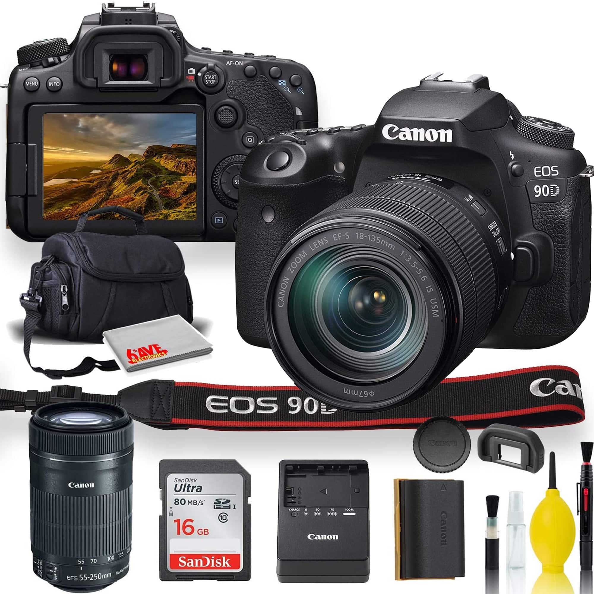 EOS 90D DSLR Camera With 18-135mm Lens, Canon EF-S 55-250mm f/4-5.6 IS STM Lens, Soft Padded Case, Memory Card, an