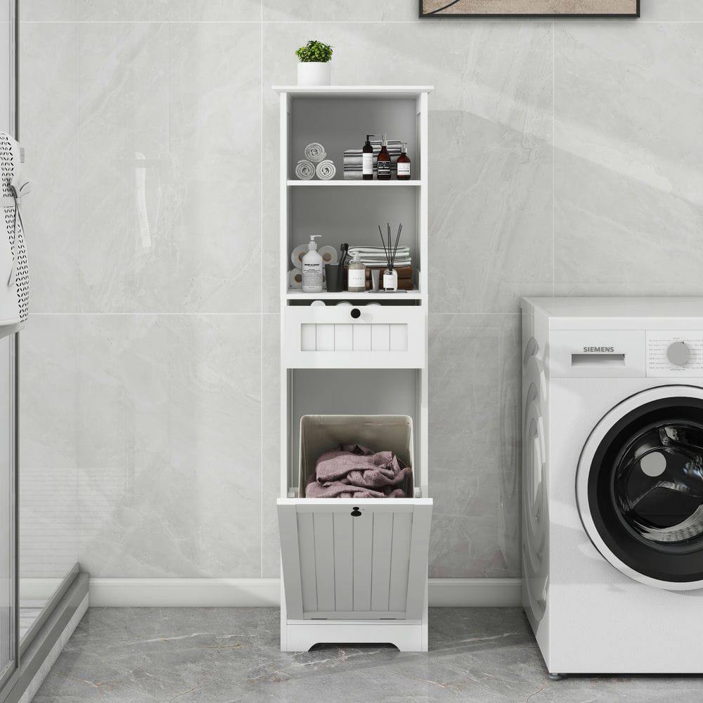 Alt View 1. Kadyn - Single-compartment, single-drawer tilting laundry organizer, White - White.