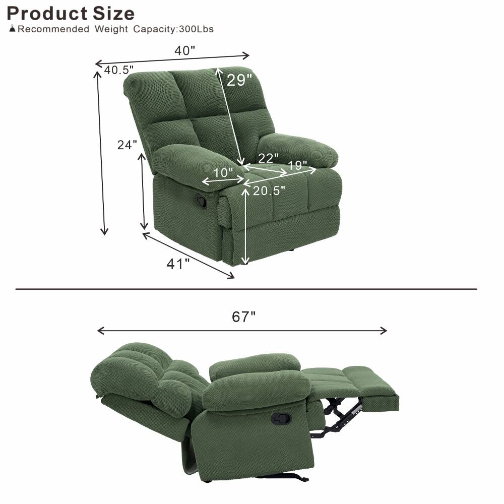 Product Size  
Recommended Weight Capacity: 300Lbs

40"  
40.5"  
29"  
24"  
10"  
22" 19" 20.5"  
41"  
67"