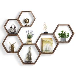 Oumilen - Set of 3 Burnt Wood Hexagonal Floating Wall Shelves - Brown