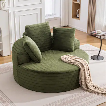 Front. Brick Attic - 59" Wide Round Chaise Lounge Chair With Plush Upholstered Soft Big Single Couch,Modern Stump Design Large Recliner - Green.