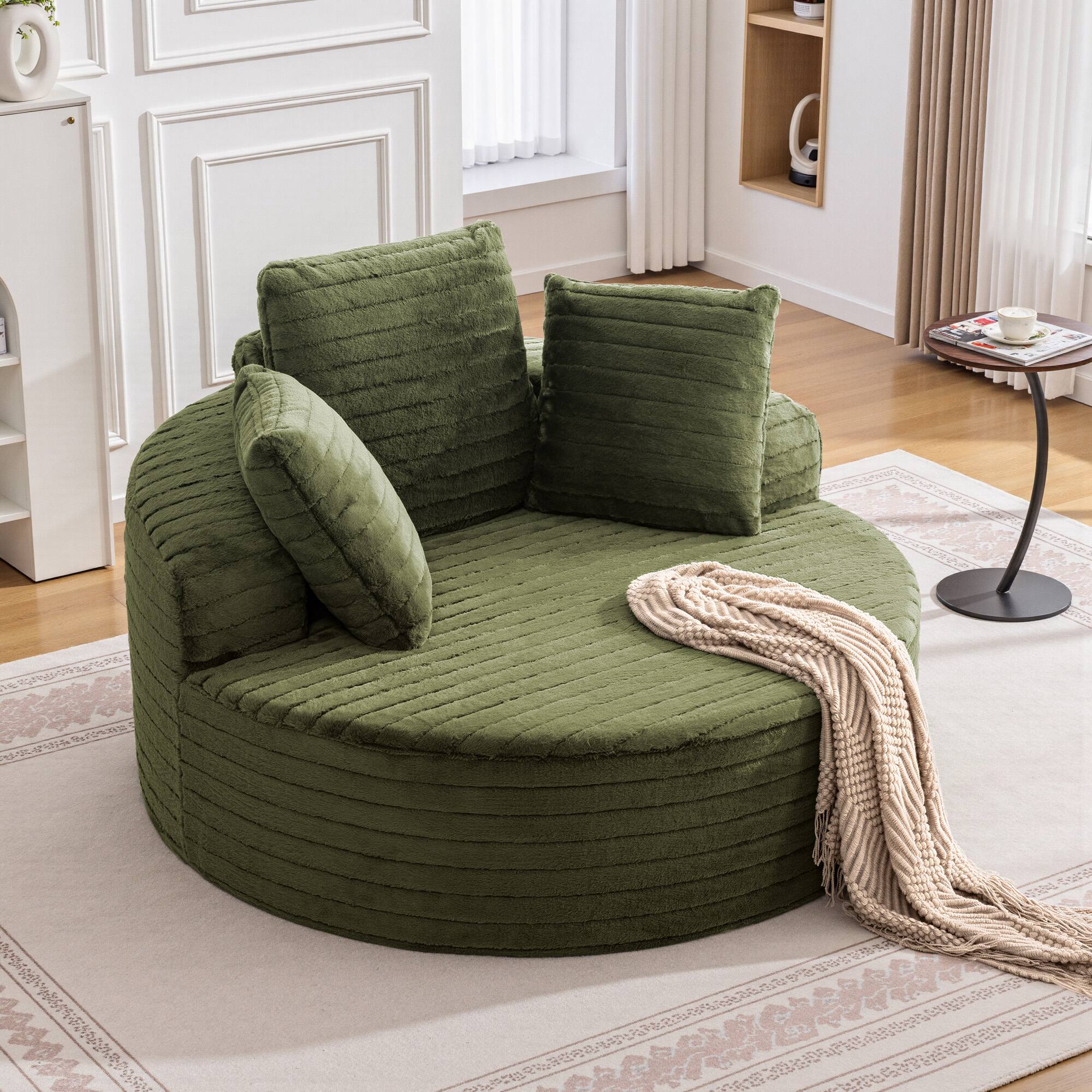 Angle. KERDOM - Oversized Round Sofa, Fluffy 59'' Upholstered Deep Seat Circle Sofa Reading Lounge Chair with Pillows for Living Room - Green.