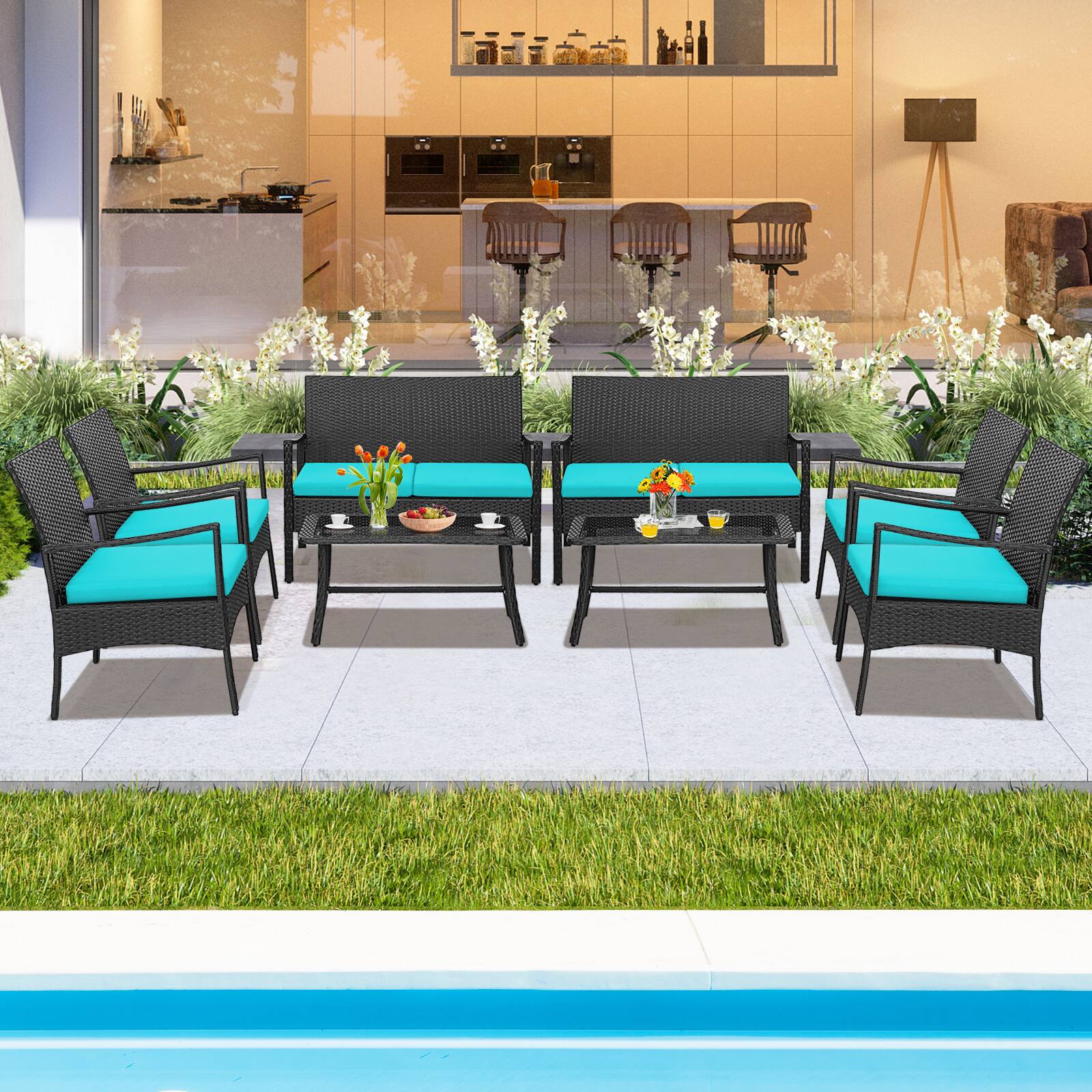 Alt View 1. Costway - Costway 8PCS Patio Wicker Furniture Set Cushioned Chairs& Loveseat with Coffee Table Garden - Turquoise.