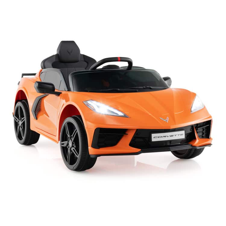 SlickBlue - 12V Electric Kids Ride On Car Licensed Chevrolet Corvette C8 with Remote Control Ages 3+ Years Old - Orange