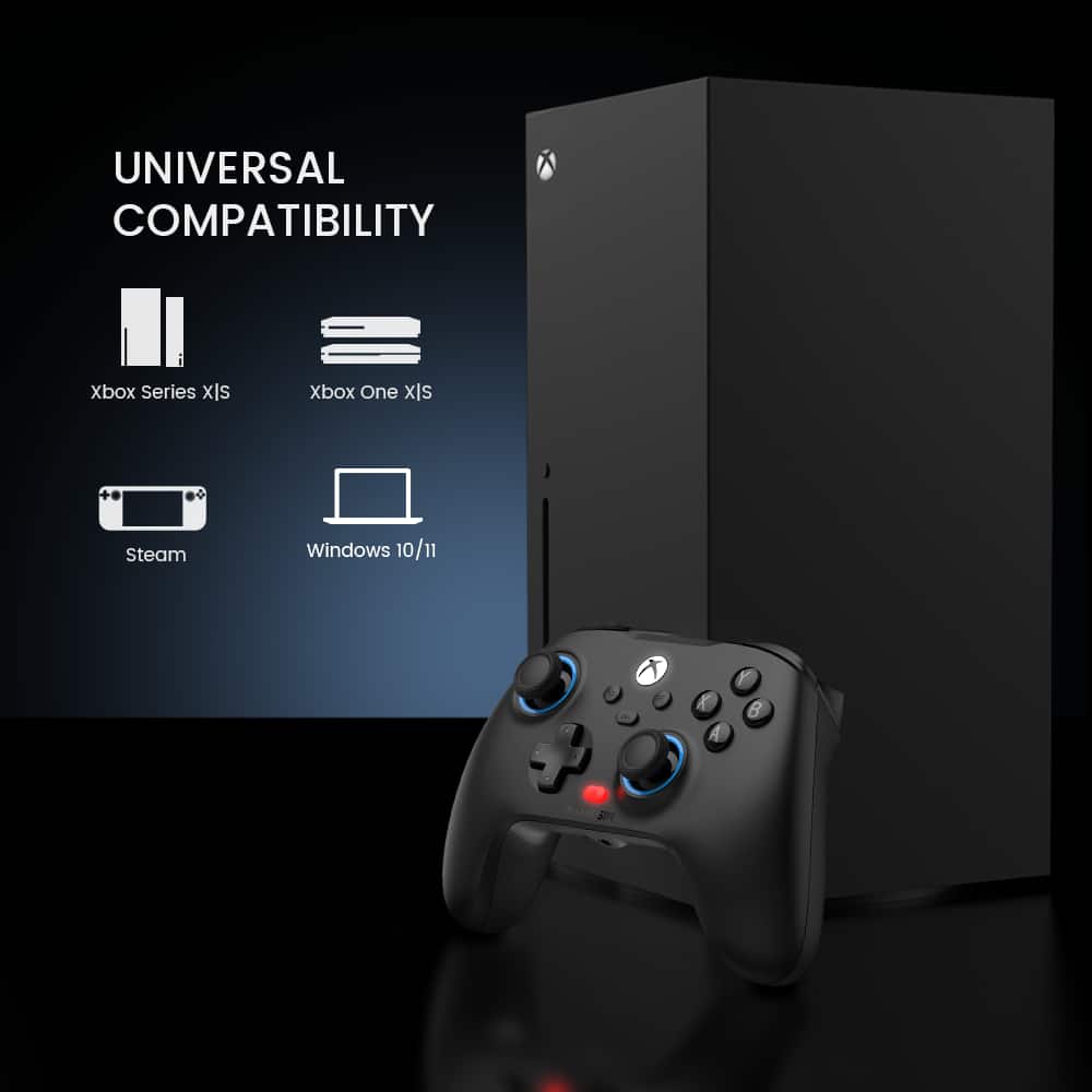 The text on the image reads "Universal Compatibility Xbox Series x is Xbox One x compatible Steam Windows 10/11".
