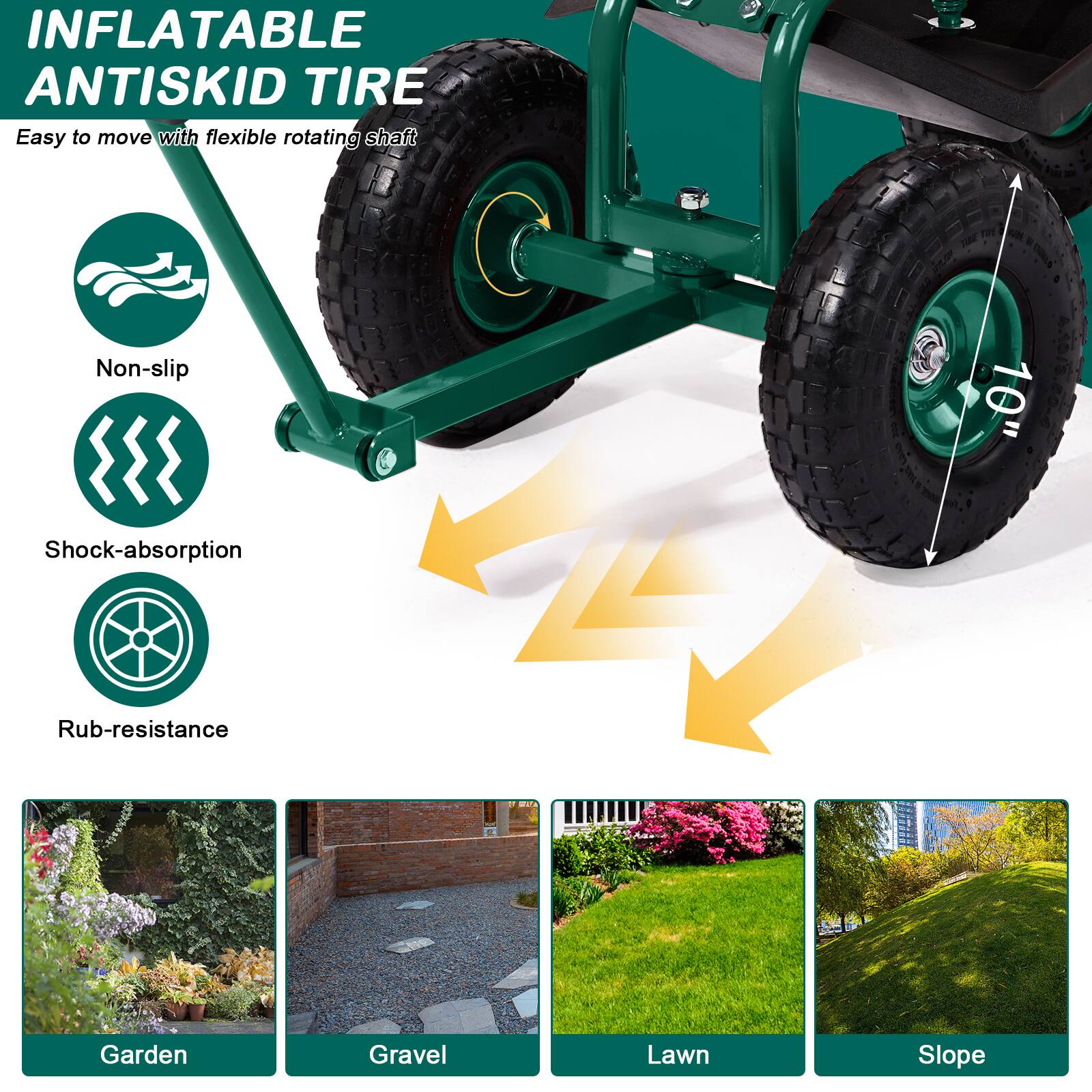 INFLATABLE ANTISKID TIRE  
Easy to move with flexible rotating shaft  

- Non-slip  
- Shock-absorption  
- Rub-resistance  

10"  

Garden  
Gravel  
Lawn  
Slope