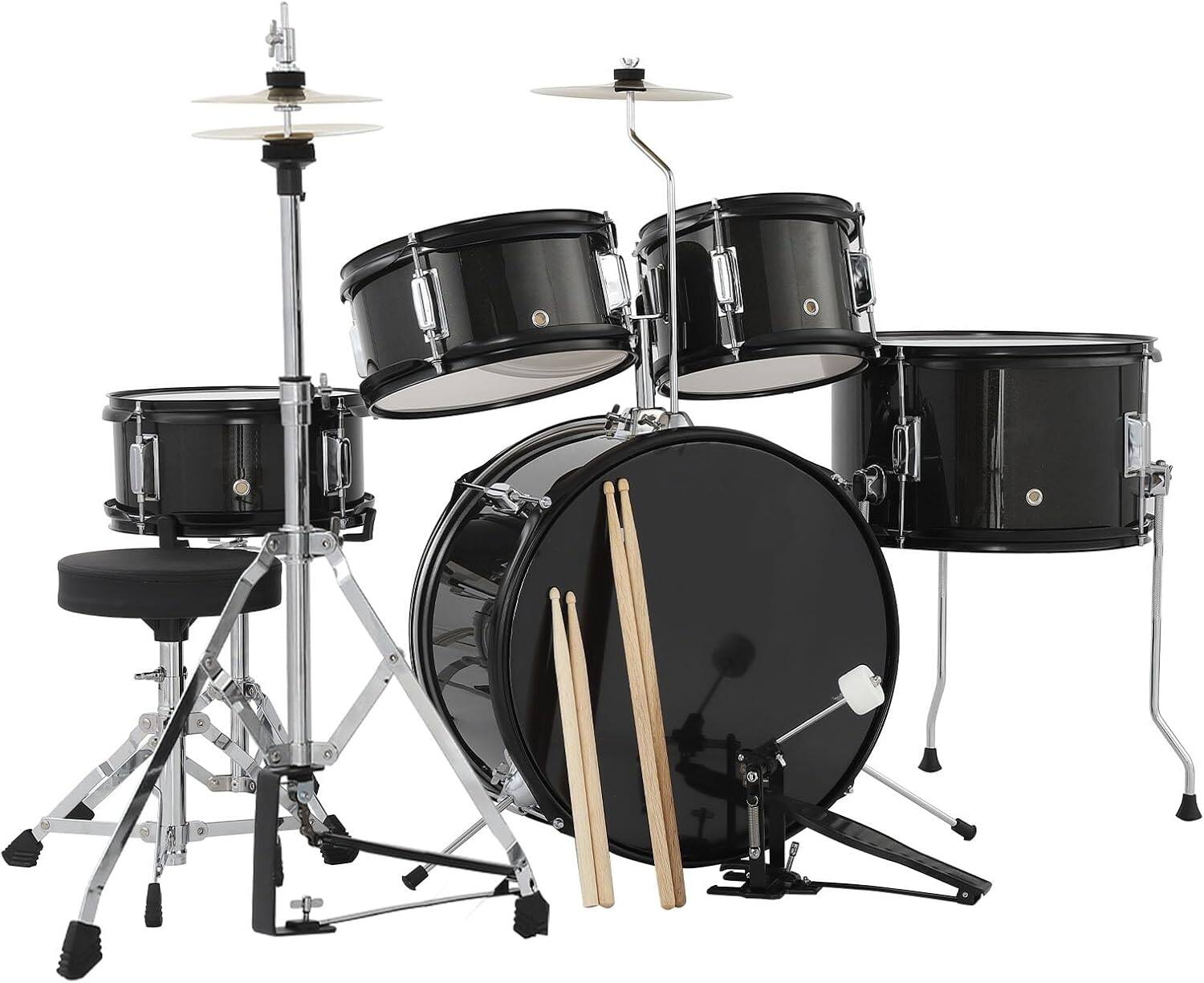 Acekool - 5-Piece Drum Set, Complete Kit with Bass Drum, Tom, Snare, Hi-Hat, Cymbal & Pedal, 16in Full Drum Set, Black