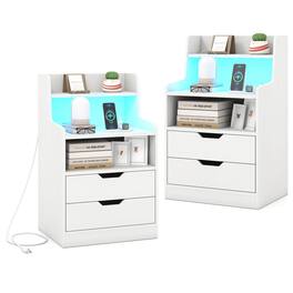 Costway - Nightstand with LED Light Charging Station Open Shelves 2 Drawers Cable Holes - White