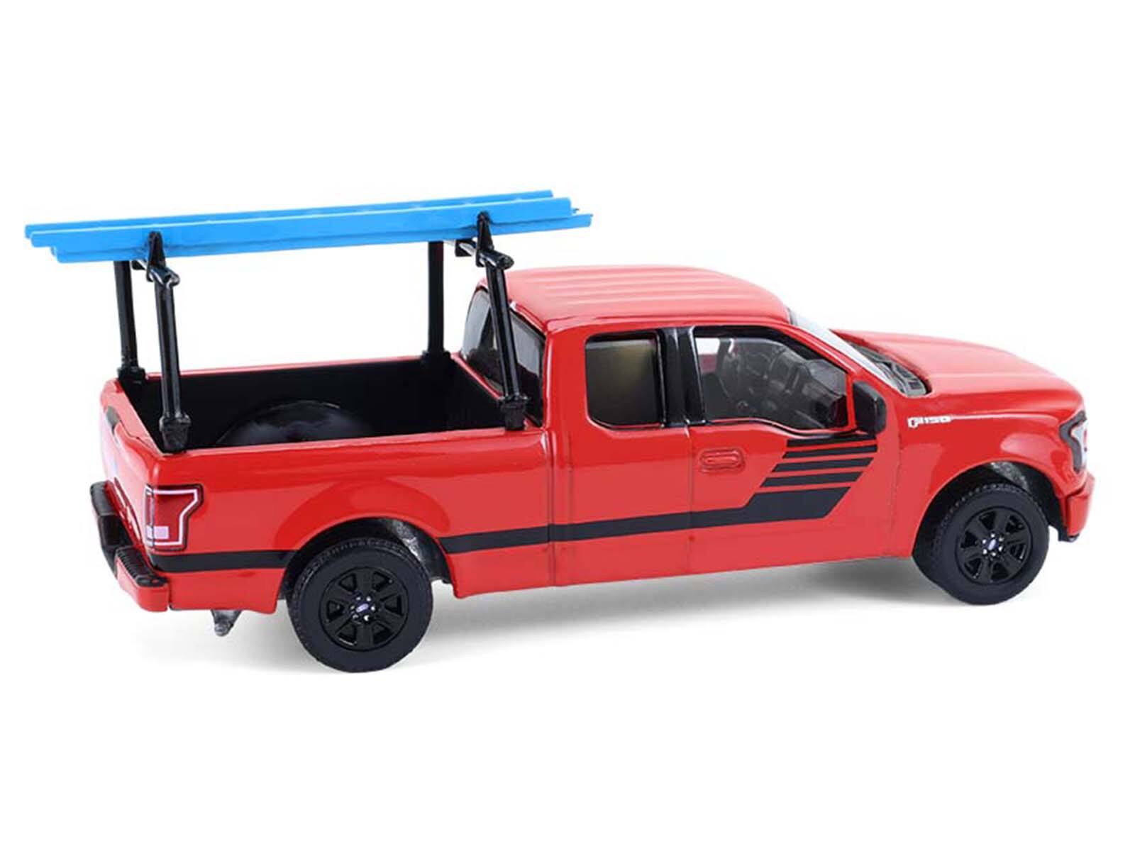 Alt View 3. Greenlight - 2015 Ford F-150 Pickup Truck with Ladder Rack Red with Black Stripes "Down on the Farm" Series 1/64 Model by Greenlight.