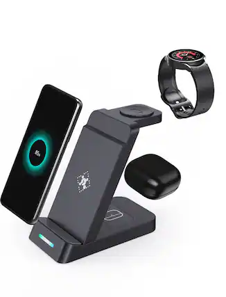 Front. RISOKEYS - 3-in-1 Wireless Fast Charger - Charger for Samsung, AirPods and Watch - Power Adapter Compatible with Samsung Devices.