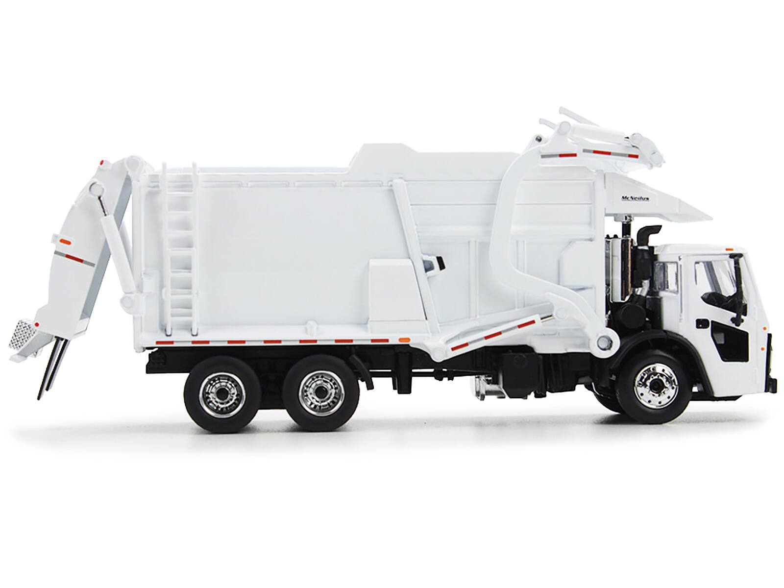 Left. First Gear - Mack LR Refuse Garbage Truck with McNeilus Meridian Front Loader White with Trash Bin 1/64 &  by DCP/First Gear - White.