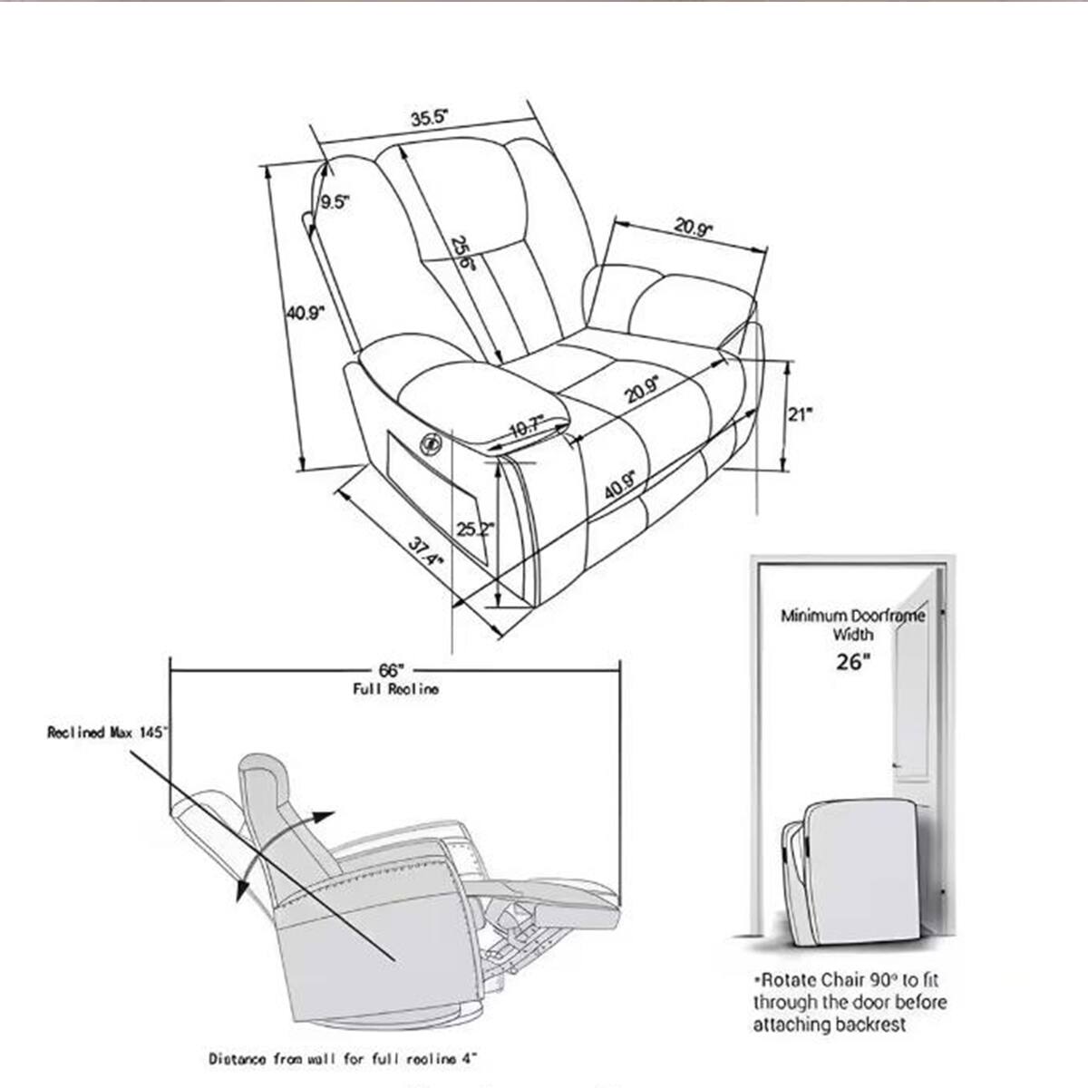The text on the image is grouped and corrected as follows:

1. 35.5" 9.5" 25"
2. 209 40.9 10.7" 25.2" 37.4" 20.9" 40.9"
3. 21 66" Full Recline Minimum Doorframe Width 26"
4. Rotate Chair 90 to fit through the door before attaching backrest
