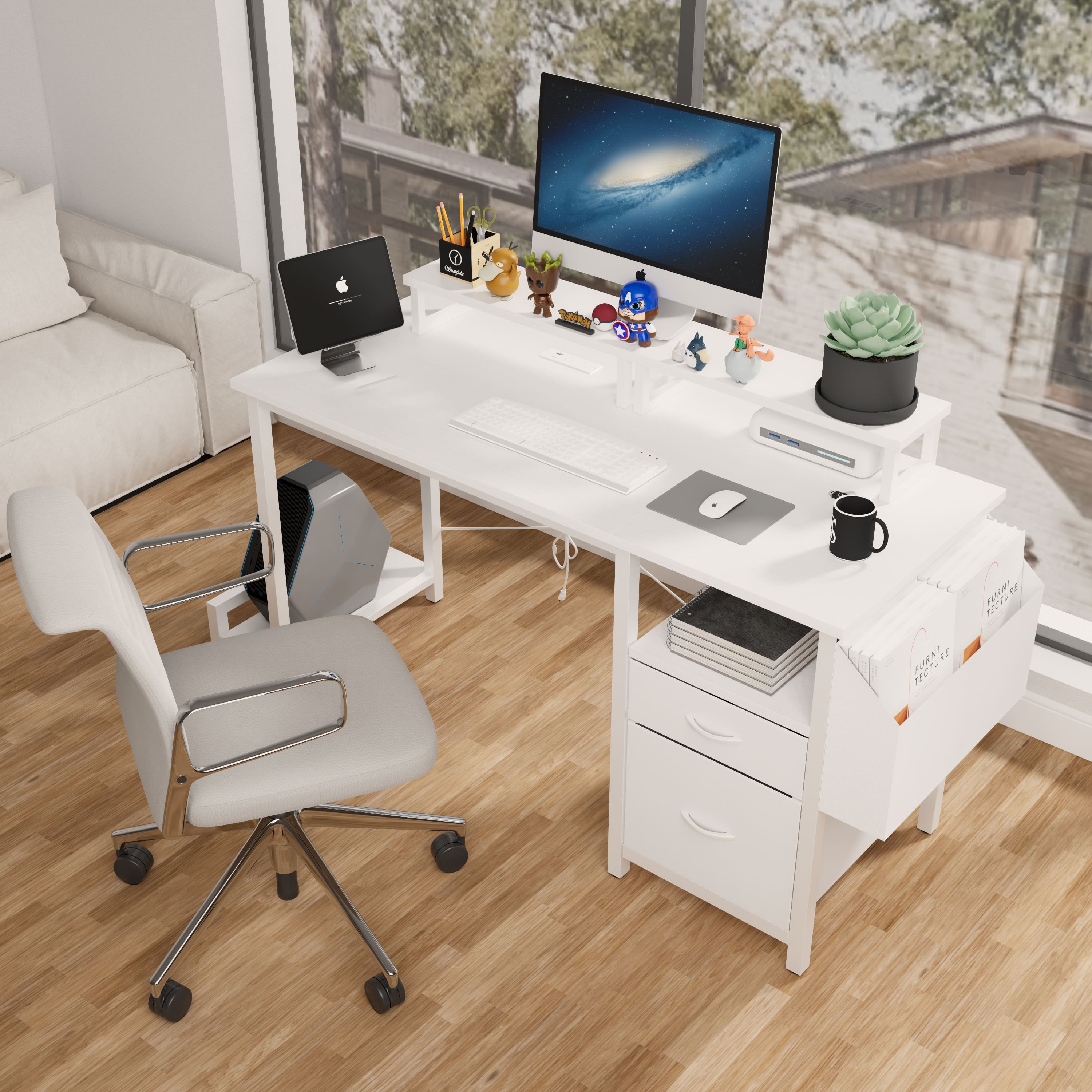 Tiramisubest - 47" Computer Desk with 2 Fabric Drawers & Outlets,Office Desk with 2 Monitor Stands,Side Pocket,Shelves & Hooks - White