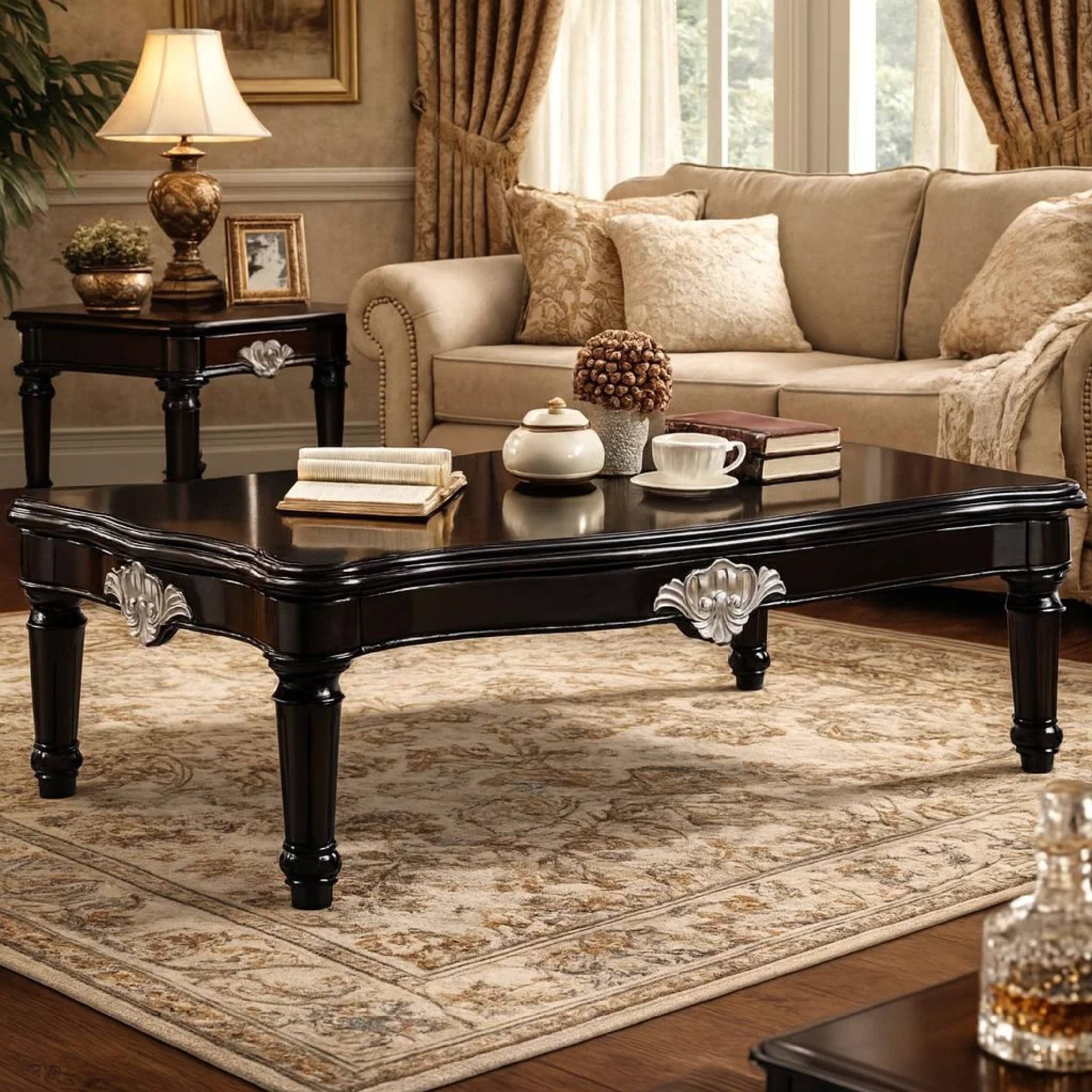Alt View 7. Manhattan Lane - Traditional Rectangular Wooden Coffee Table with Scalloped Top - Black.