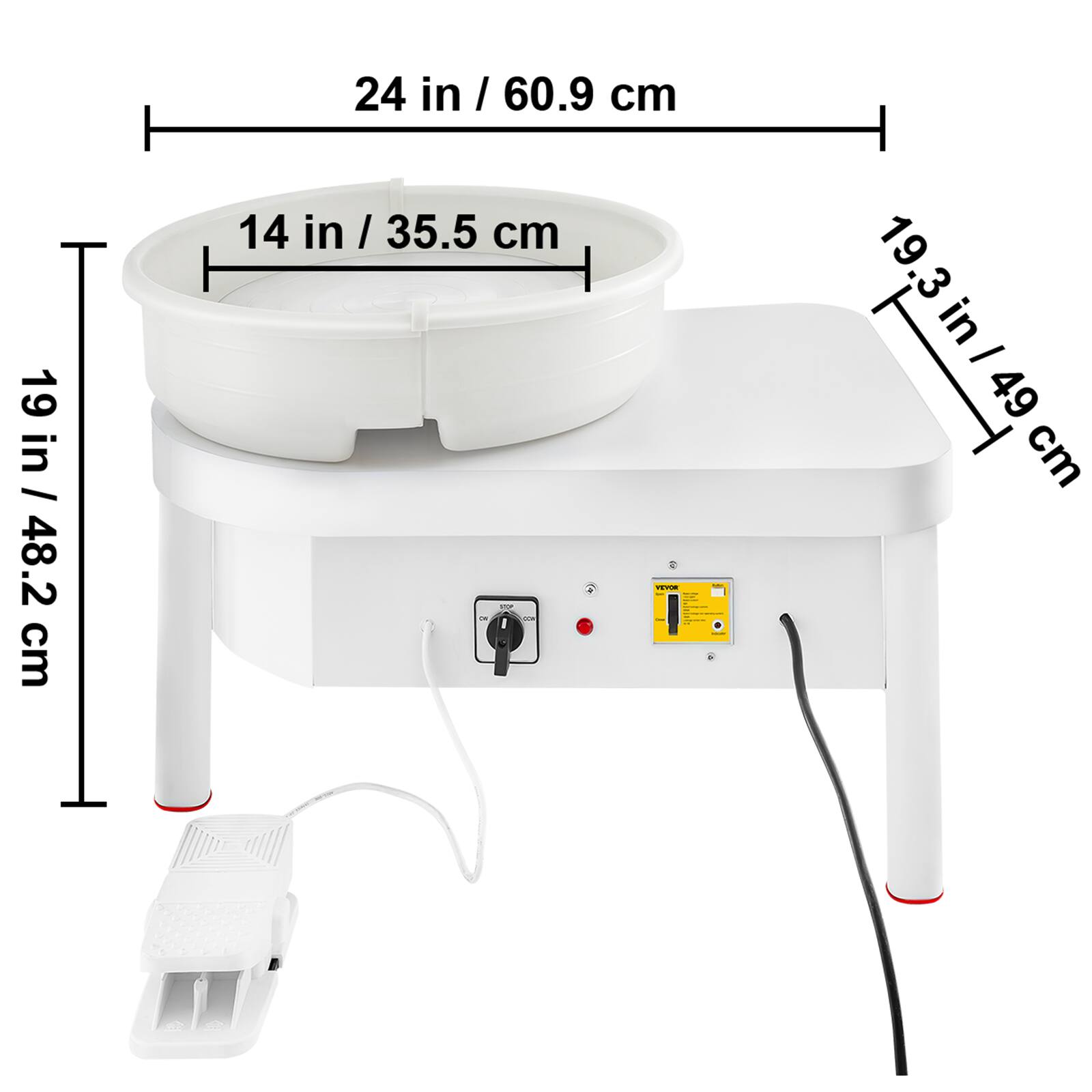 19 in / 48.2 cm, 24 in / 60.9 cm, 14 in / 35.5 cm, 19.3 in / 49 cm
