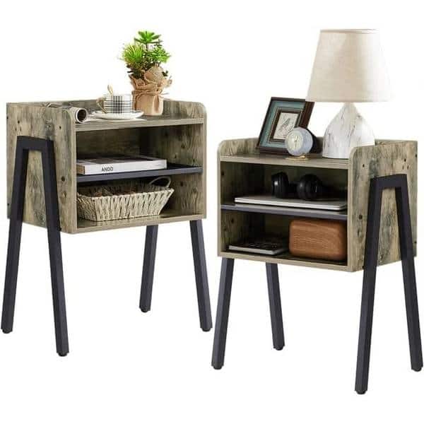 SlickBlue - Set of 2 Modern Industrial Nightstands with Wood and Black Metal Frame - Gray