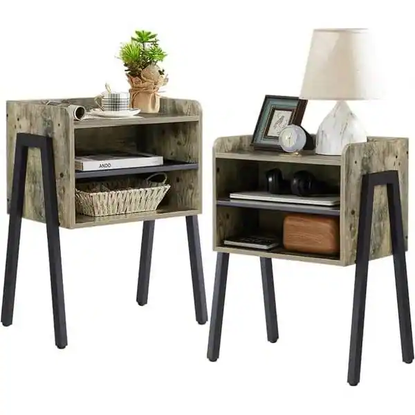 Front. SlickBlue - Set of 2 Modern Industrial Nightstands with Wood and Black Metal Frame - Grey.