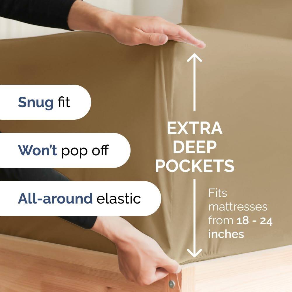 Snug fit  
Won't pop off  
EXTRA DEEP POCKETS  
All-around elastic  
Fits mattresses from 18 - 24 inches