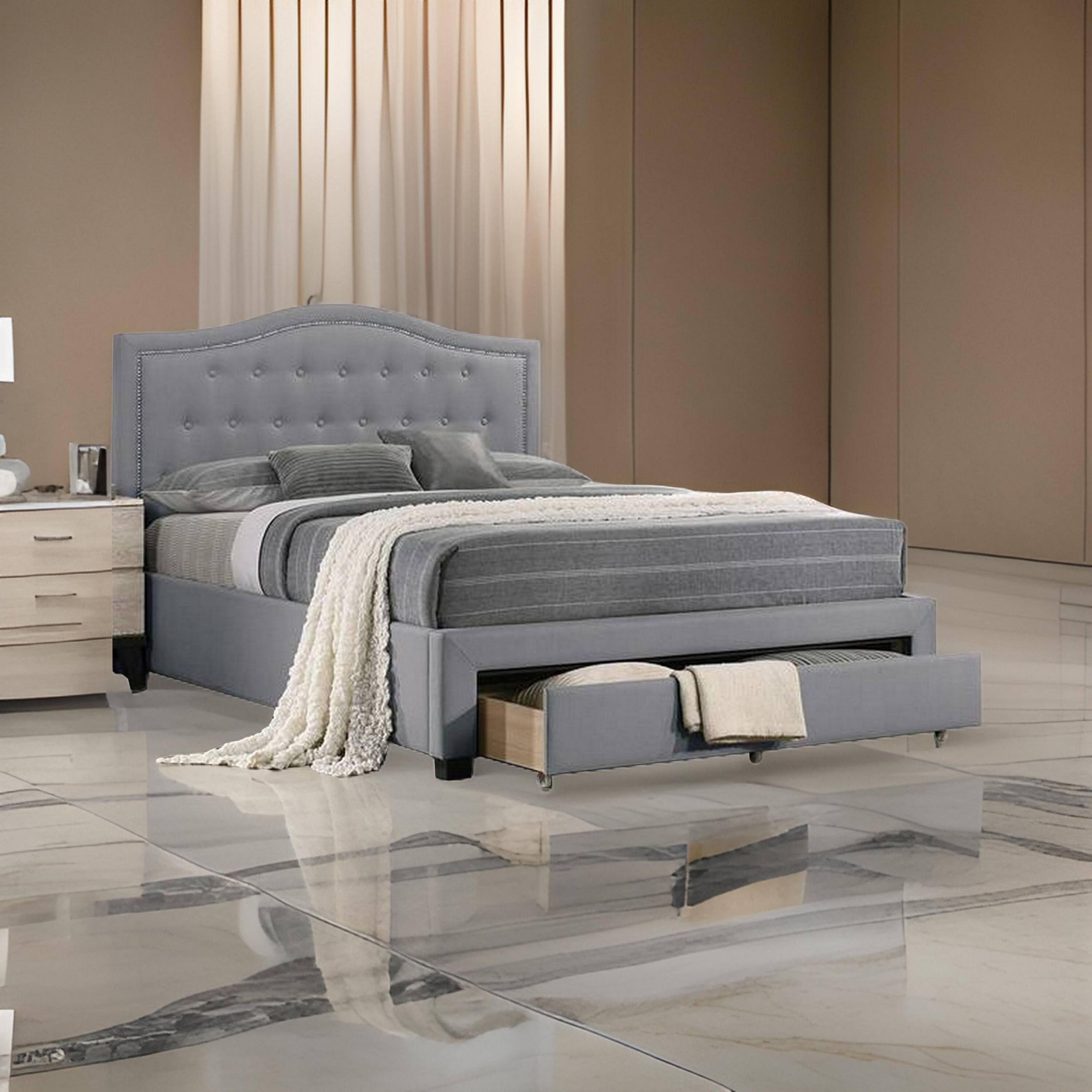 Alt View 5. Manhattan Lane - Buk Upholstered Tufted Twin Bed with Storage, Nailhead Trim, Gray Burlap - Gray.