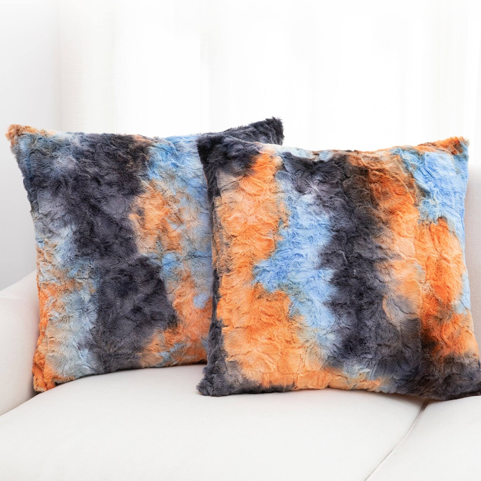 Angle. Cheer Collection - 18-Inch Multi-Colored Faux Fur Throw Pillows — 2 Pack - Blue & White.