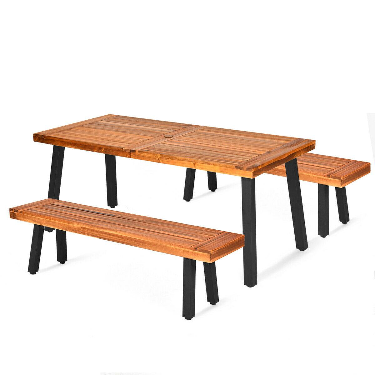 Alt View 3. Gymax - Gymax 3 PCS Picnic Dining Table Set Acacia Wood Rustic Metal w/ Umbrella Hole - Brown.