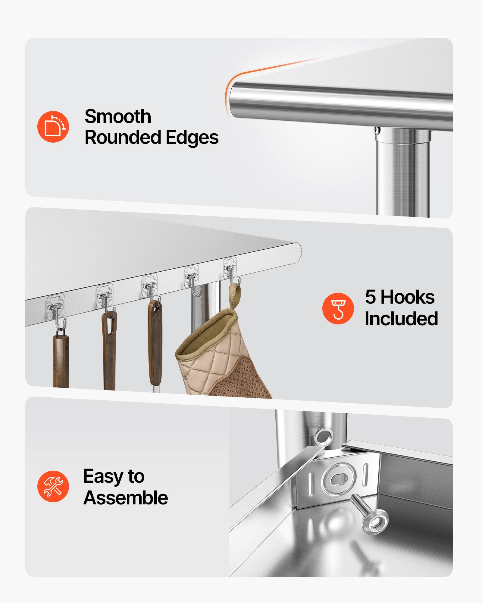 Smooth Rounded Edges  
5 Hooks Included  
Easy to Assemble