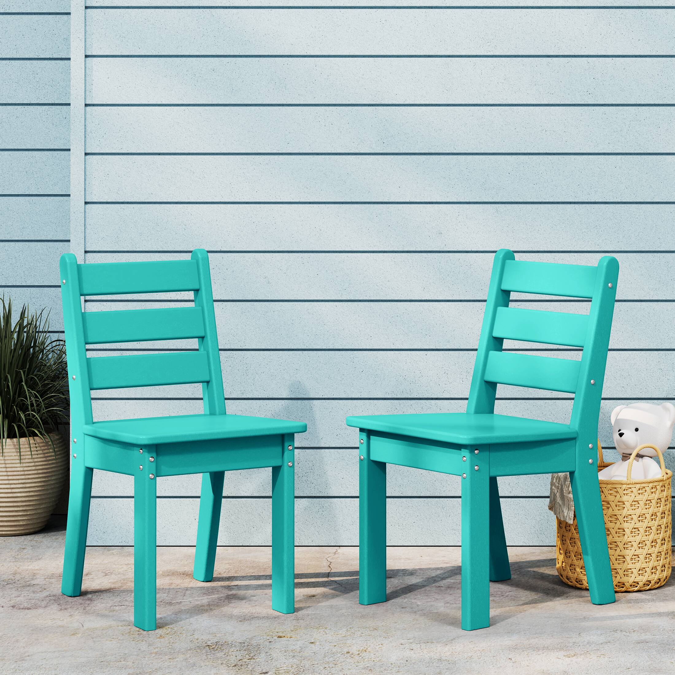 Angle. WestinTrends - WestinTrends Treehouse Outdoor HDPE Kids Plastic Toddler Dining Chair (Set of Two) - Turquoise.