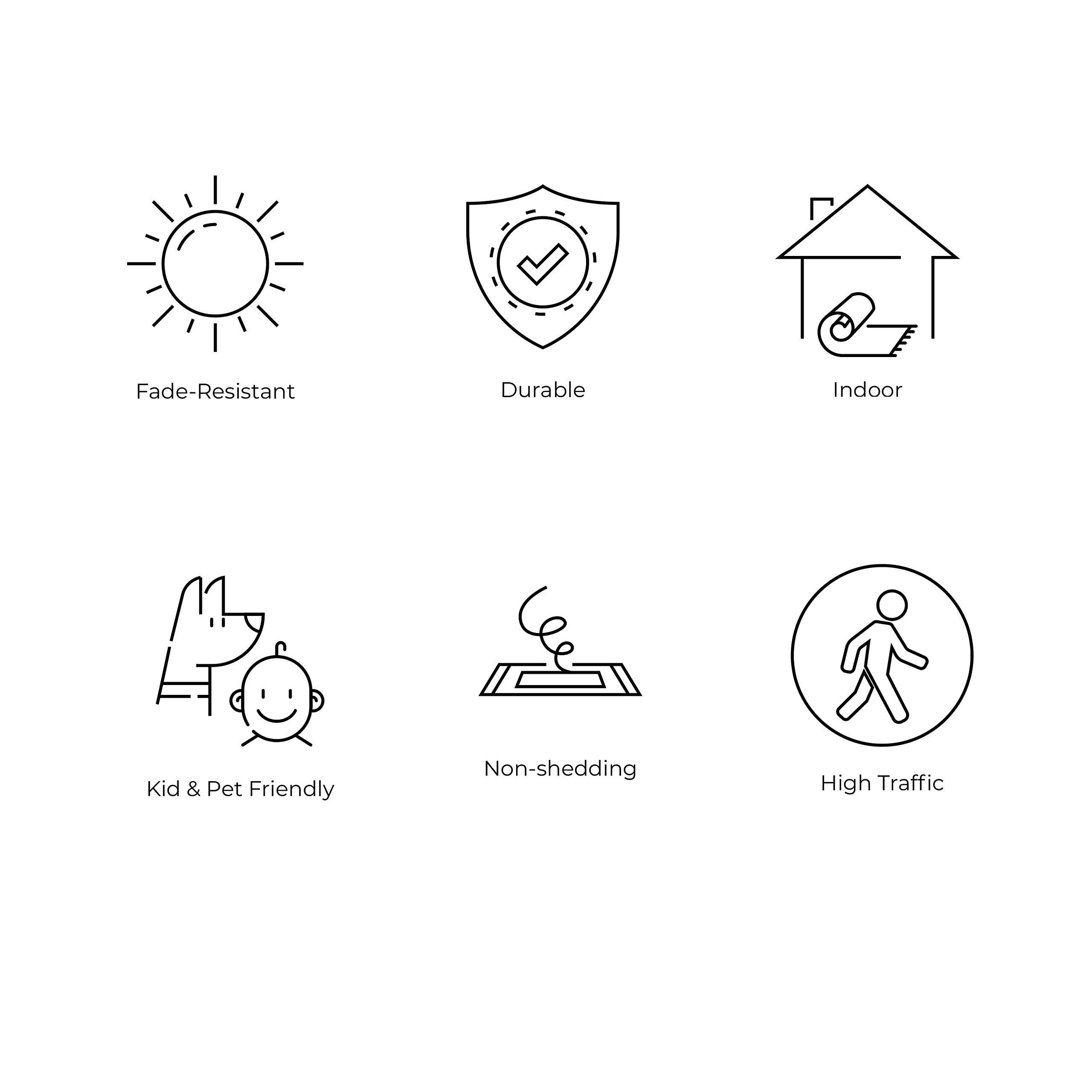 Fade-Resistant  
Durable  
Indoor  
Kid & Pet Friendly  
Non-shedding  
High Traffic