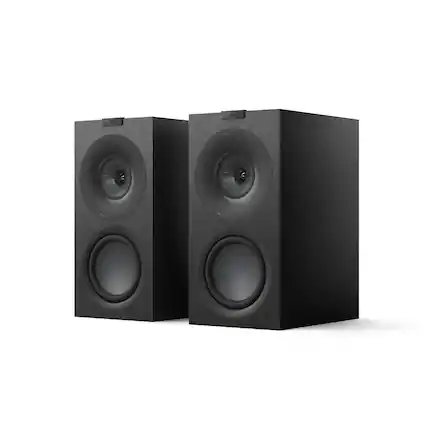 The text "IEF KEF w hd" is not relevant to the image of two black speakers. The image shows two black speakers placed next to each other, and the text does not provide any context or information about the speakers.