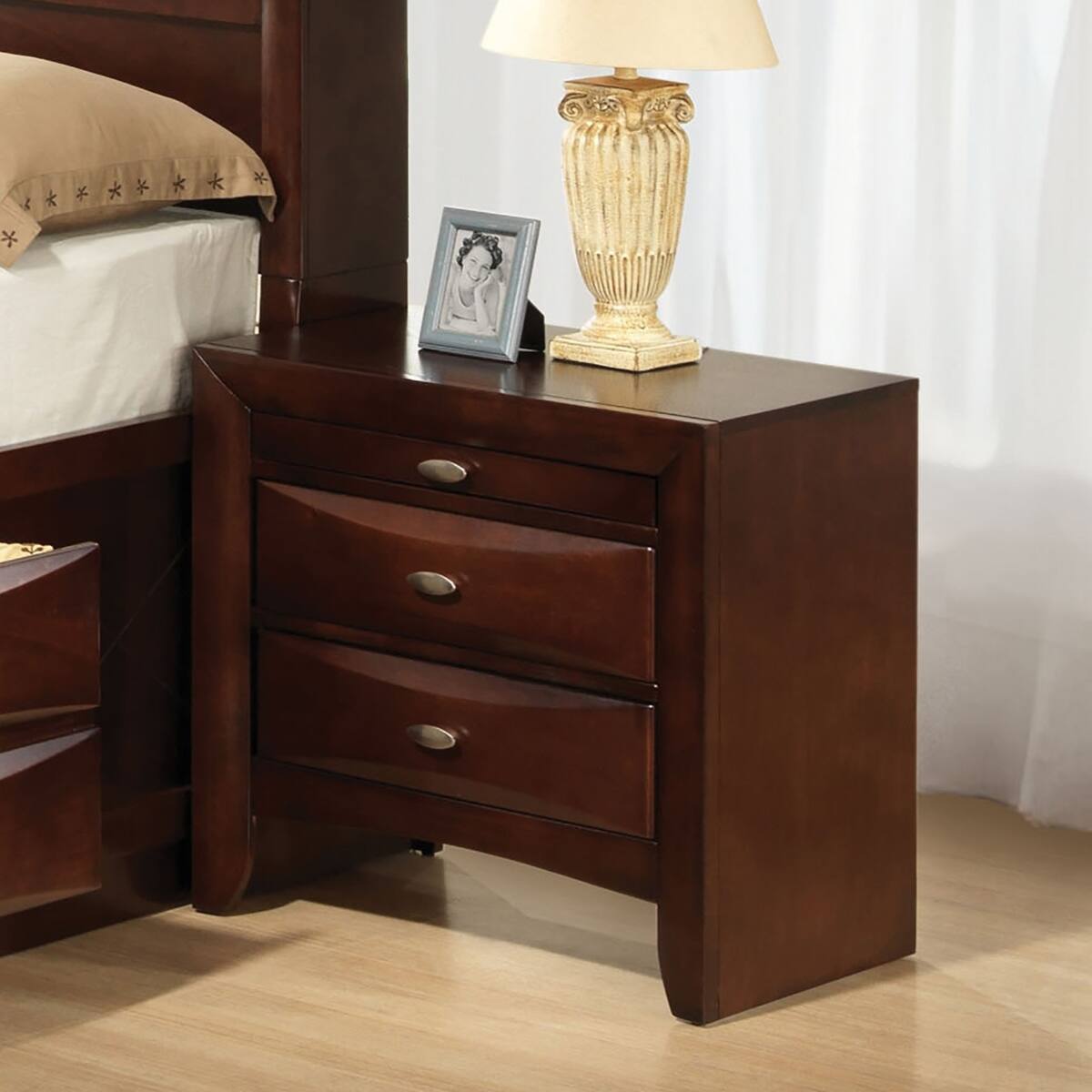 Angle. Loheer - Loheer Cherry Two Drawer Nightstand with Pull Out Tray, Wood Bedside Cabinet - Cherry.