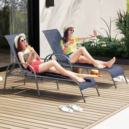 Mondawe - Adjustable Patio Chaise Folding Lounge Chair w 5-Position Backrest 75.5" Breathable Fabric - Navy