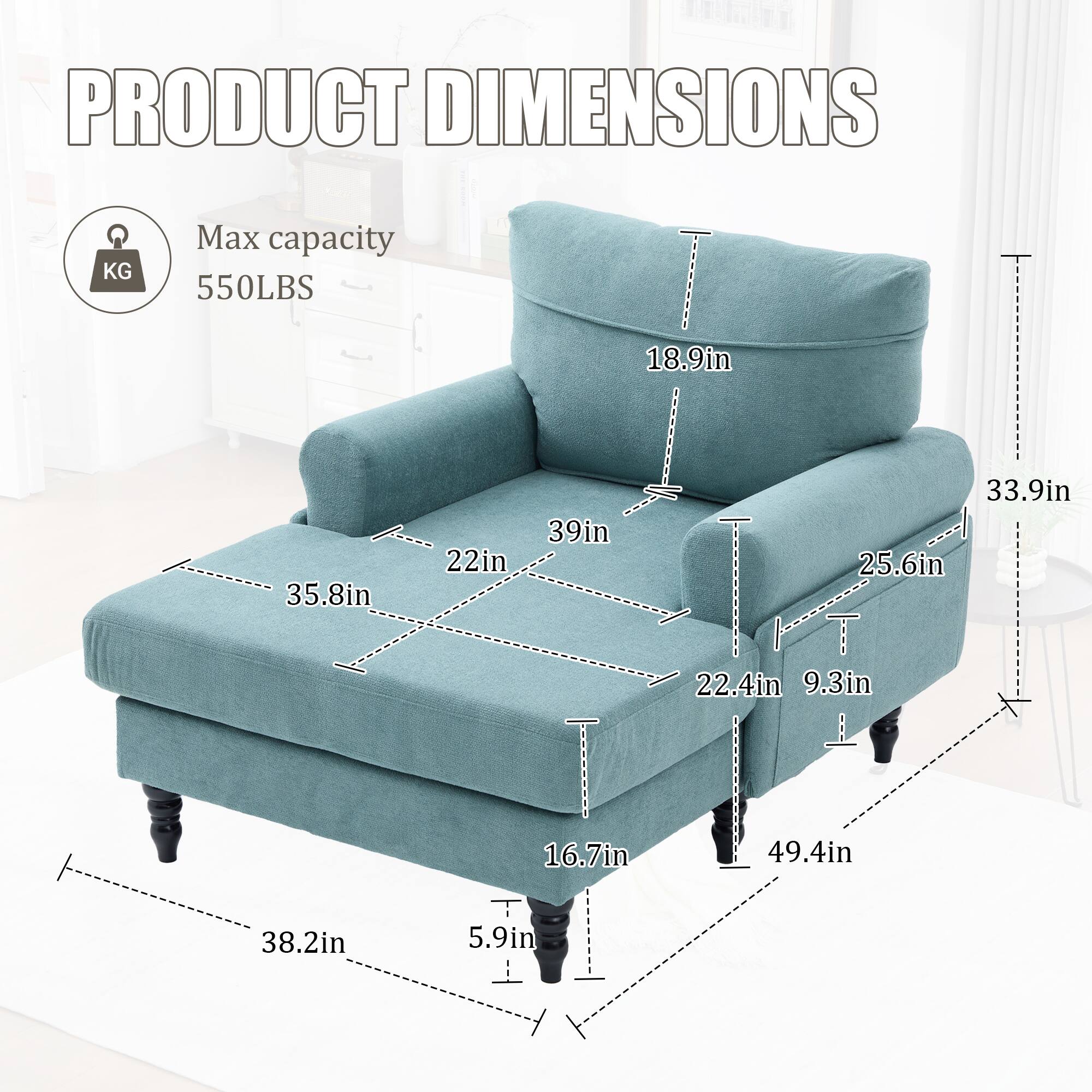 PRODUCT DIMENSIONS

Max capacity 550LBS

- Width: 35.8in
- Depth: 39in
- Height: 33.9in
- Seat Height: 18.9in
- Seat Depth: 22in
- Arm Height: 25.6in
- Arm Width: 22.4in
- Back Height: 33.9in
- Overall Height: 49.4in
- Overall Width: 38.2in
- Overall Depth: 16.7in
- Leg Height: 5.9in